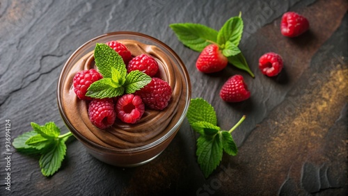 A high angle shot of a decadent chocolate mousse topped with fresh raspberries, close-up, confectionery, culinary, dessert spoon, delicious, gourmet, berries, freshness, rich, luxury, sweet