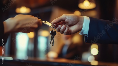 Guests receive their room keys from the concierge at a luxury hotel during check-in in the evening