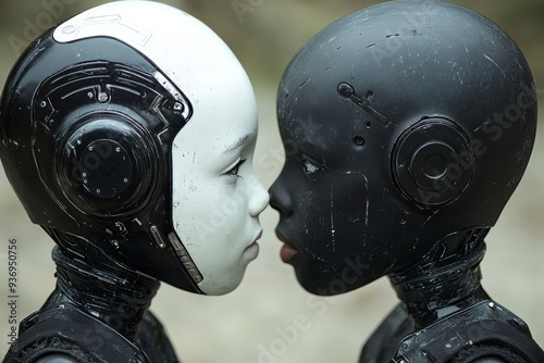 Close up of two humanoid robots in a gentle face to face interaction representing the complexity and subtlety in robotic emotions