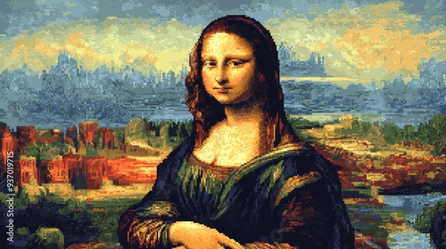 Pixelated Mona Lisa Portrait with Cityscape Background