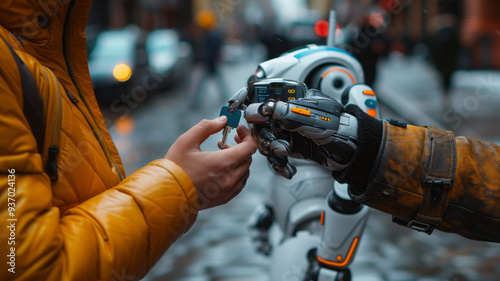 sad real estate agent in Sydney Australia handing keys to a robot on the street with their hands and keys slighly above middle of frame