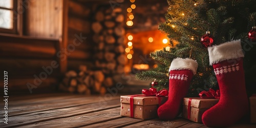 A several christmas gift box are on the floor in front of a decorated christmas tree with red christmas socks in a wooden cabin or dark hut christmas atmosphere