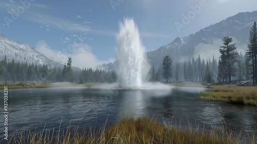 A serene landscape featuring a geyser erupting amidst mountains and trees.