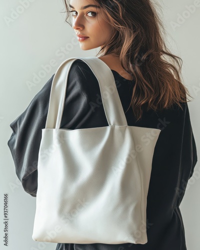 Woman in Black Dress Holding a White Tote Bag.