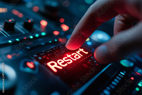 A close-up of a hand pressing a large red "Restart" button on a modern, sleek control panel, with futuristic elements in the background, representing a fresh start and technological innovation