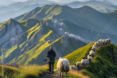 Sheep herders guide their cattle along a narrow path through lush green hills, leading them to graze. The scene is a peaceful portrayal of rural life