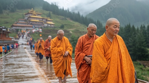 Monks Walking in Rain.