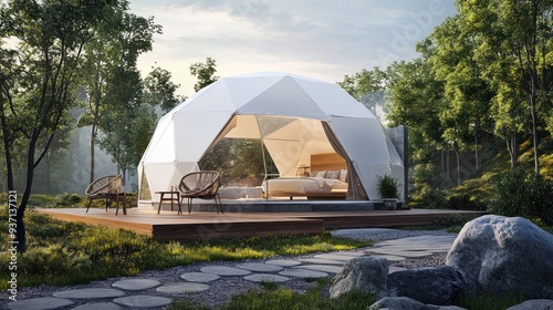 Modern geodesic dome home with wooden deck and a view of the forest.