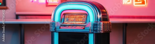 A vibrant retro jukebox illuminated by neon lights, evoking nostalgia and classic music vibes in a modern setting.