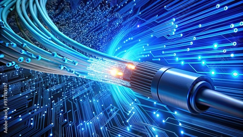 a futuristic fiber optic cable bursts with glowing blue light, surrounded by swirling digital data streams and circuit board patterns.