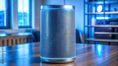 A sleek, modern smart speaker with glowing blue lights and a metallic mesh grille, sitting on a tidy desk with a blurred background.