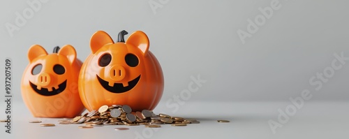 Charming orange piggy banks shaped like pumpkins sit atop coins, perfect for Halloween savings decorations.