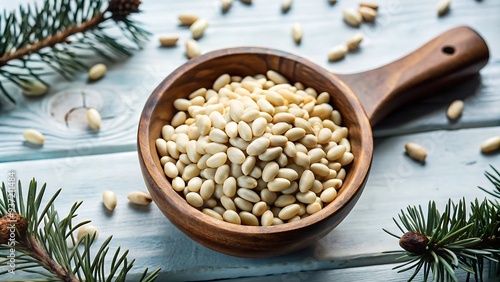 Pine Nuts in a Wooden Bowl.