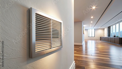 Air vent grille on a white wall in a modern home, with soft focus and warm lighting, showcasing a clean and minimalist interior design.