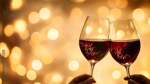 Crystal wine glasses clinking together in a celebratory toast against a blurred background creating a joyful and festive scene with copy space