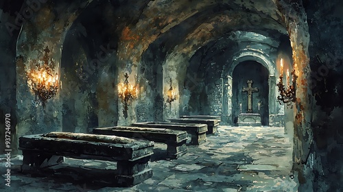 Dark gothic crypt with stone coffins and candles, blending the macabre with the serene glow of candlelight in a haunting setting.