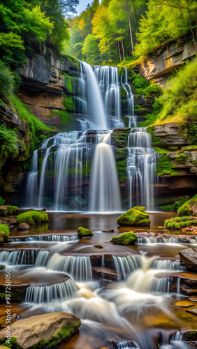 Scenic long exposure image of McCammon Branch Falls in Kentucky, beautiful Elakala Falls in Blackwater Falls State Par.