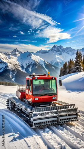 Snowcat machine for snow removal. Preparation ski trails. Snow groomer. Snowy tracks of snowcat in the mountains. Ratrac snowcat. Snow tucker