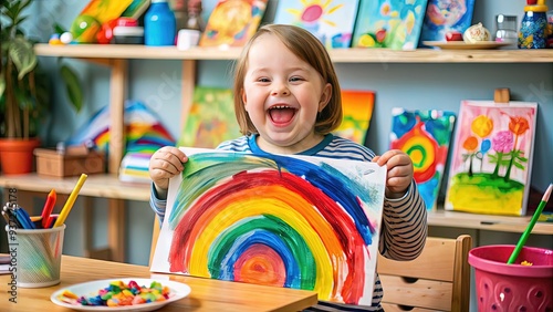 Joyful child with Down syndrome smiling brightly, holding a colorful painting, surrounded by art supplies and celebrating creativity and individuality.