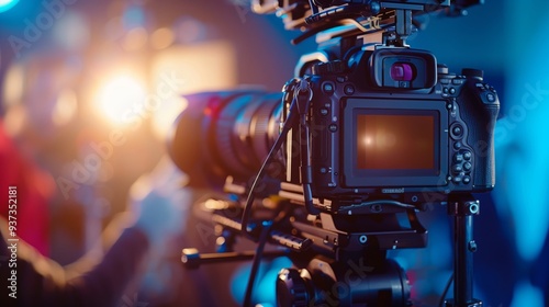 Close-up of operator using professional camera during shooting 