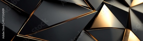 Abstract geometric pattern with gold metallic shapes casting sharp shadows on a dark background High contrast, modern design, and a luxurious feel