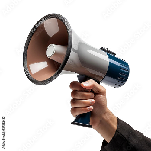 Hand holding a loud speaker megaphone