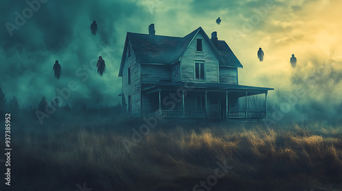 spooky Halloween background with shadowy spirits hovering around an old abandoned house, leaving an open area on the right side for text