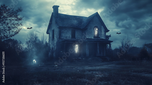 spooky Halloween background with shadowy spirits hovering around an old abandoned house, leaving an open area on the right side for text