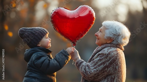 A young boy giving a heart-shaped balloon to his grandmother, representing generational love