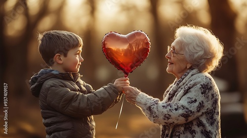 A young boy giving a heart-shaped balloon to his grandmother, representing generational love