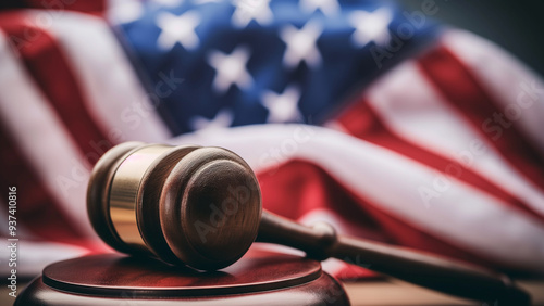 Wooden gavel in front of a blurred American flag, symbolizing law and justice in the USA.