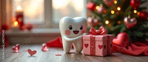 Cute Cartoon Tooth Cheerfully Embracing Valentine's Gift Against Festive Holiday Background