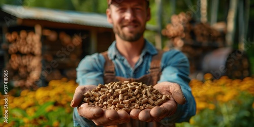 A cheerful man in a garden holding a handful of wood pellets, with stacks of firewood and blooming flowers in the background.