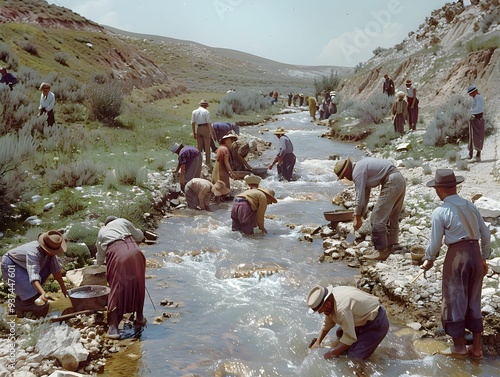 People panning for gold in a stream during a sunny day in the mountains, showcasing 19th-century mining techniques