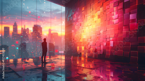 A silhouette of a man standing in a futuristic room with a colorful wall of post-it notes, overlooking a vibrant city skyline at sunset