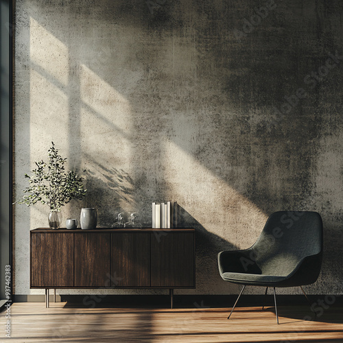 Black Armchair with Dark Texture Wall 