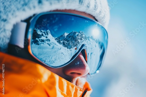 Close-up photo of an athlete's face wearing winter sunglasses in the mountains