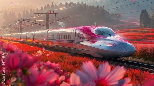 A Japanese Bullet Train Traveling Through a Field of Pink Flowers at Sunset