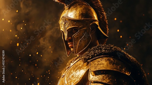 Ancient Greek warrior in golden armor with smoke and sparks, creating a dramatic and powerful representation of a legendary hero.