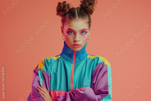 Confident girl in 90s fashion with trendy makeup and hair.