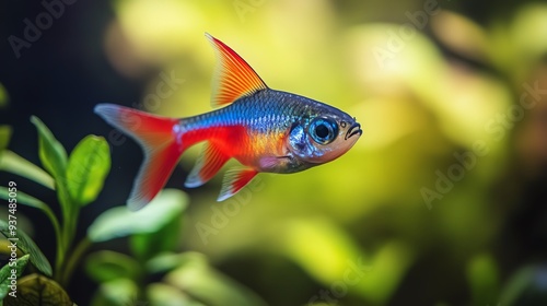 Cardinal tetra creating a striking contrast with their vivid red and blue against green plants