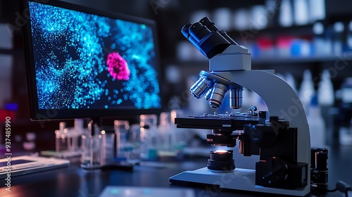 Modern digital microscope analyzing nanotechnology samples on a high-resolution display