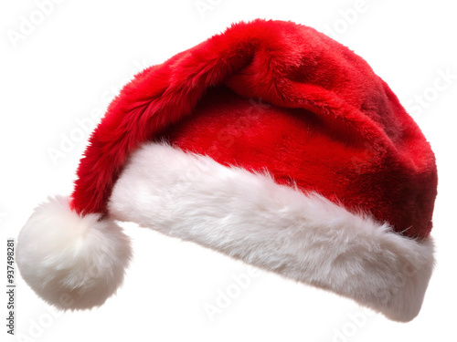 Classic red santa hat with white fur trim, transparent