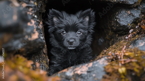 Pup with a wild, furry coat emerging from a hidden den in a remote wilderness, wildlife discovery, furry adventure