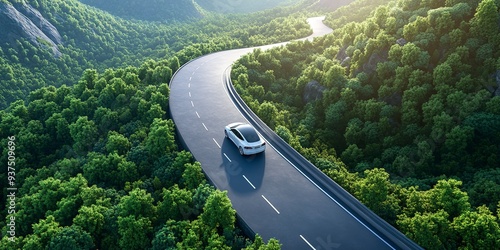 EV (Electric Vehicle) electric car is driving on a winding road that runs through a verdant forest and mountains hyper realistic 