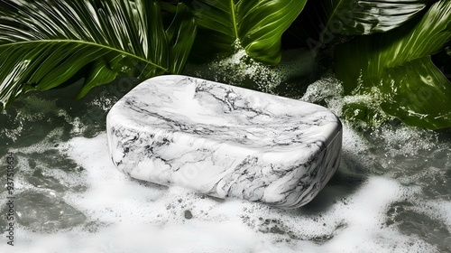 White Marble Soap Dish With Green Leaves and Bubbles