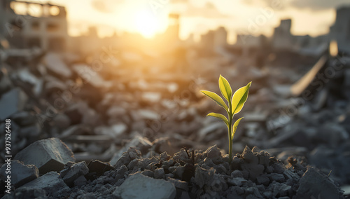 Small plant sprouts through rubble, symbolizing hope and resilience.