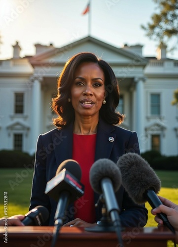 African American female senator speaks to the press in front of the White House, with symmetrical journalists and warm afternoon light.