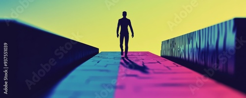 Silhouette of a person walking on a colorful path.