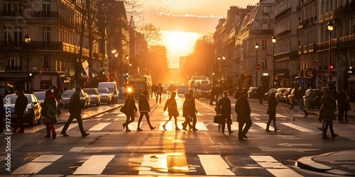 Paris Street Sunset with People Crossing a Crosswalk